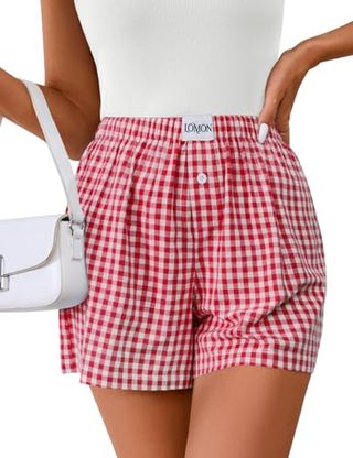 Lomon Womens Boxer Shorts Casual Summer Cotton Pajama Lounge Sleep Pj Gingham Plaid Shorts Y2k Beach Bottoms (red White Plaid M)