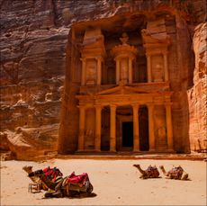 Al Khazneh - the Treasury, ancient city of Petra, Jordan with camels out front